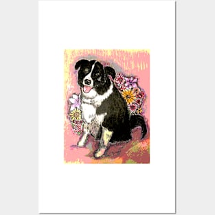 Border Collie with flower boquet.  Mixed Media. Posters and Art